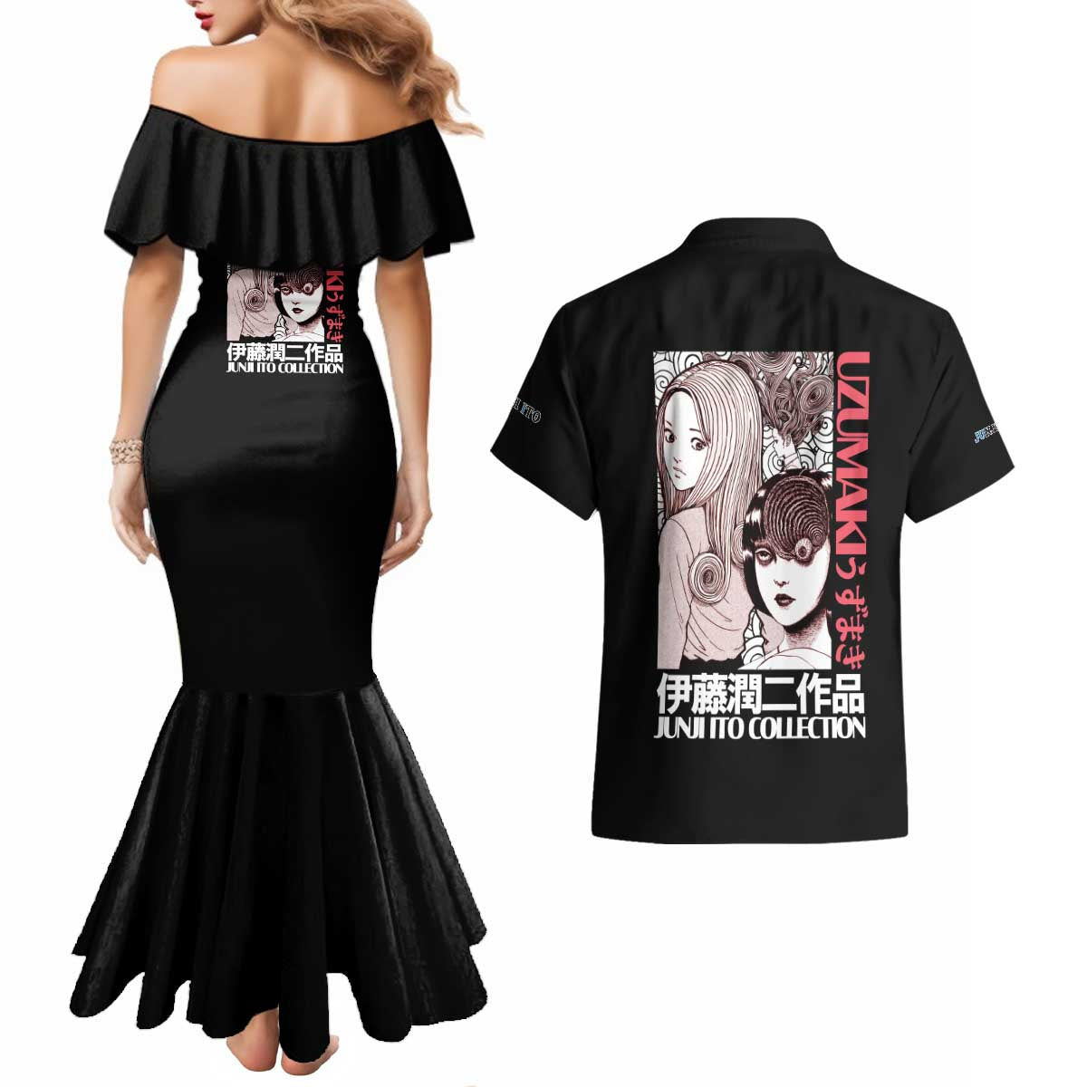 Uzumaki Junji Ito Collection Couples Matching Mermaid Dress and Hawaiian Shirt Anime Style
