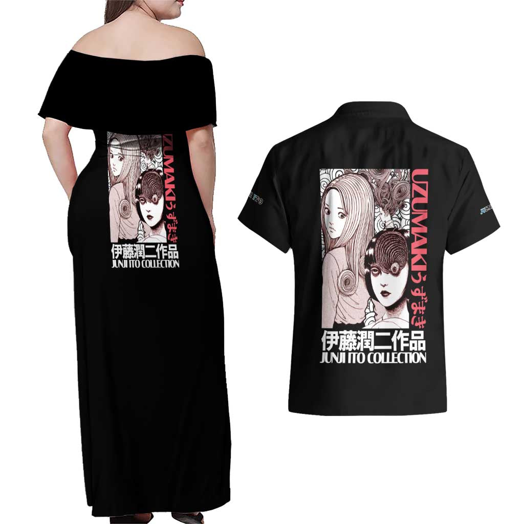 Uzumaki Junji Ito Collection Couples Matching Off Shoulder Maxi Dress and Hawaiian Shirt Anime Style