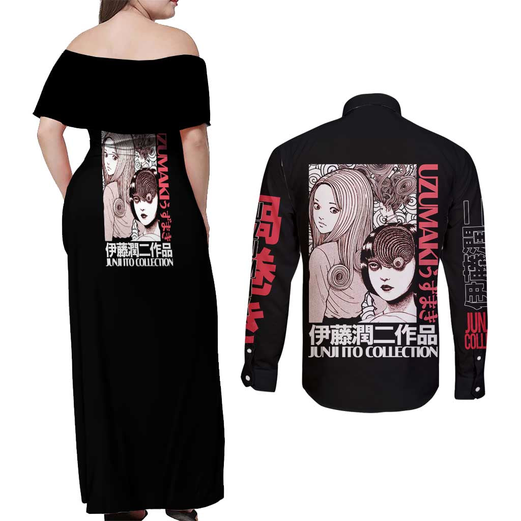 Uzumaki Junji Ito Collection Couples Matching Off Shoulder Maxi Dress and Long Sleeve Button Shirt Anime Style