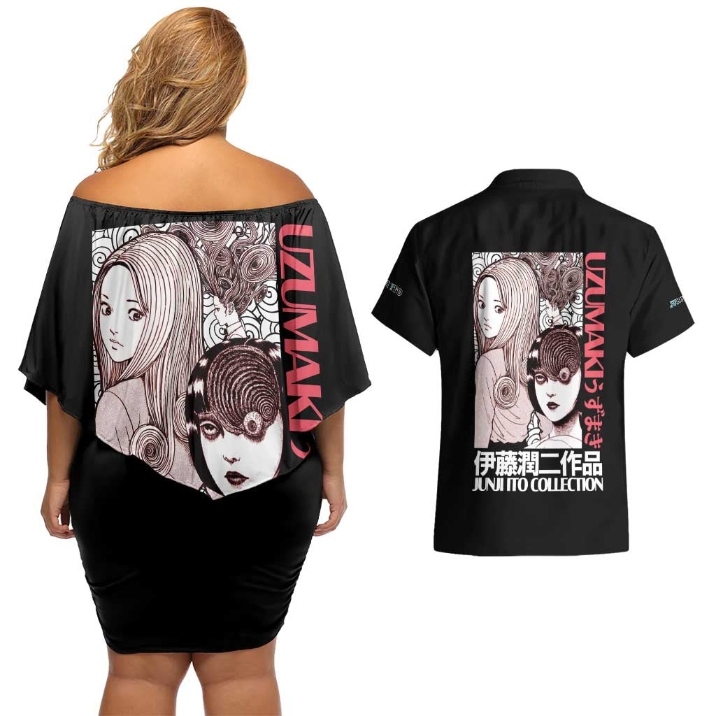 Uzumaki Junji Ito Collection Couples Matching Off Shoulder Short Dress and Hawaiian Shirt Anime Style