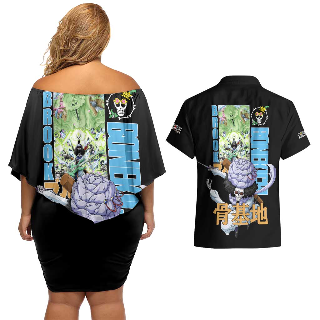Brook V2 One Piece Couples Matching Off Shoulder Short Dress and Hawaiian Shirt Anime Style