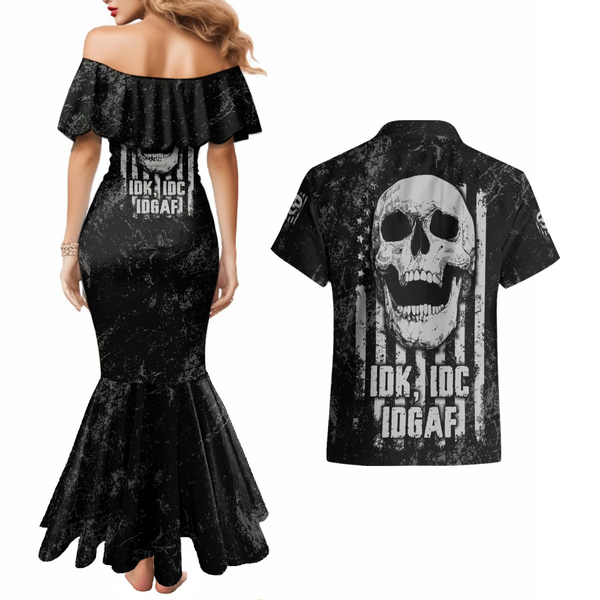 idgaf-flag-skull-couples-matching-mermaid-dress-and-hawaiian-shirt