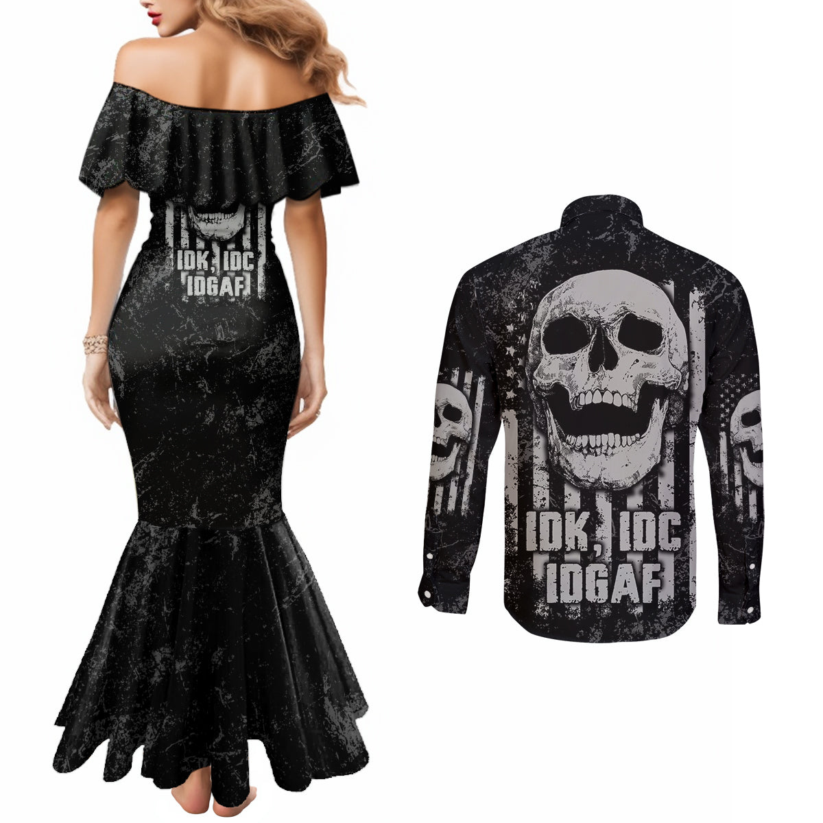 idgaf-flag-skull-couples-matching-mermaid-dress-and-long-sleeve-button-shirt