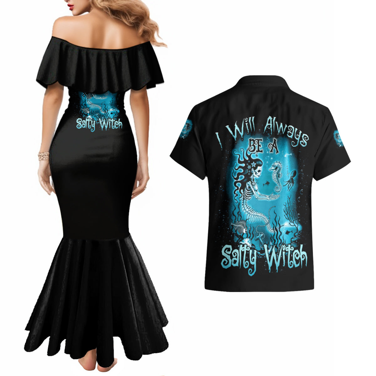 salty-witch-mermaid-halloween-couples-matching-mermaid-dress-and-hawaiian-shirt