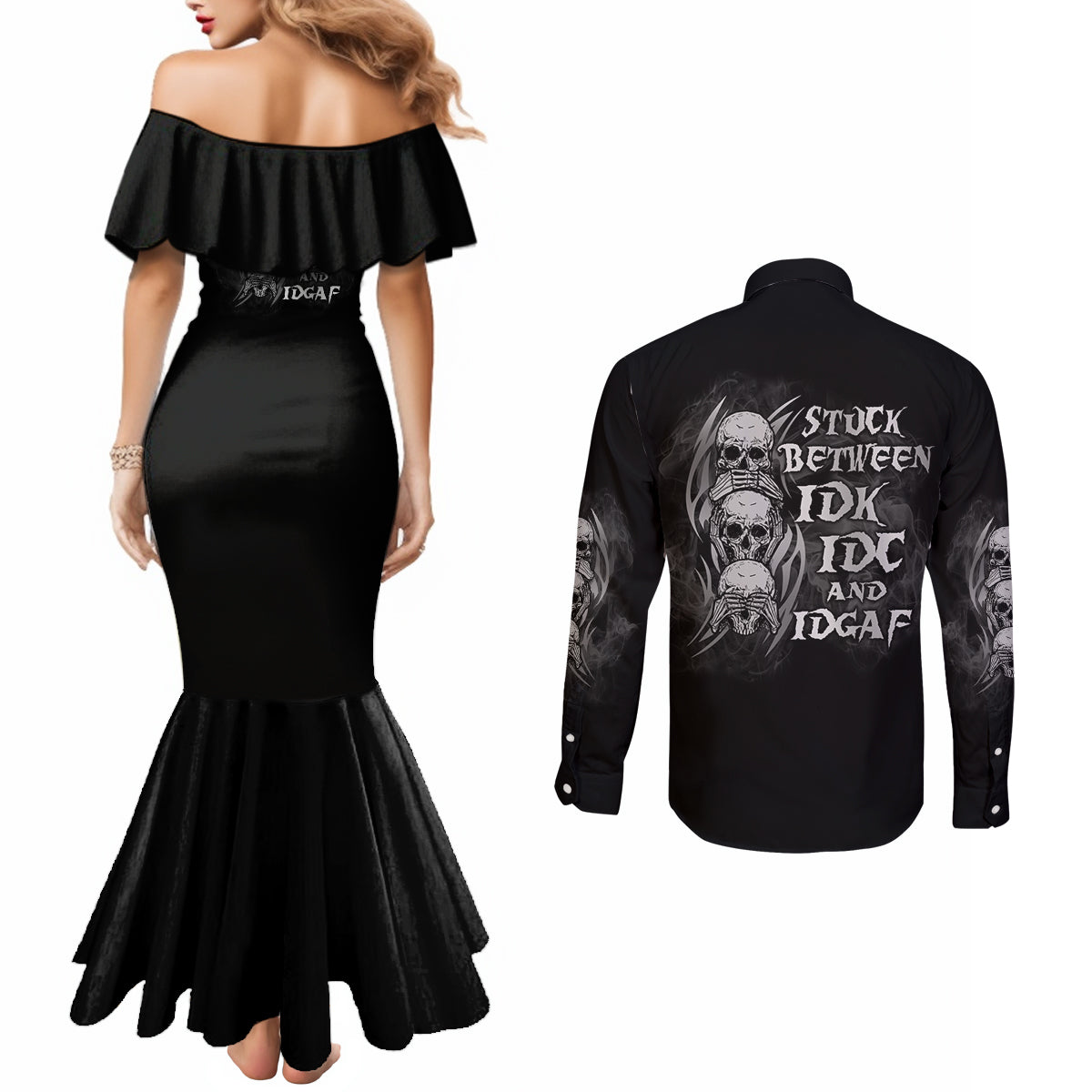 im-never-alone-skull-reaper-couples-matching-mermaid-dress-and-long-sleeve-button-shirt