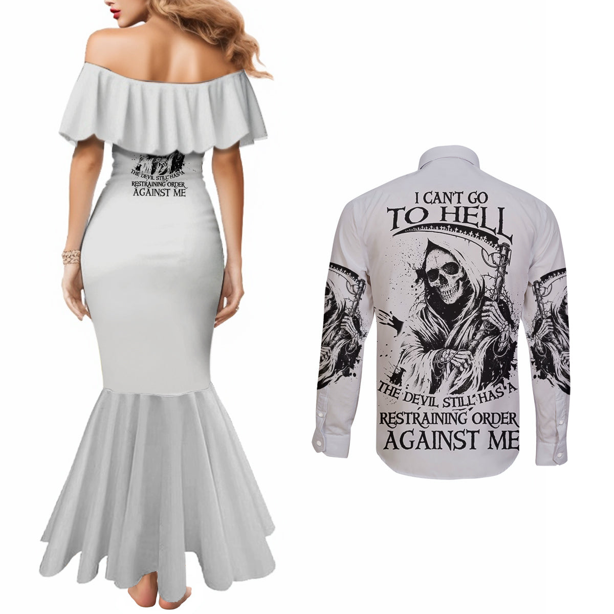 i-cant-go-to-hell-reaper-skull-couples-matching-mermaid-dress-and-long-sleeve-button-shirt