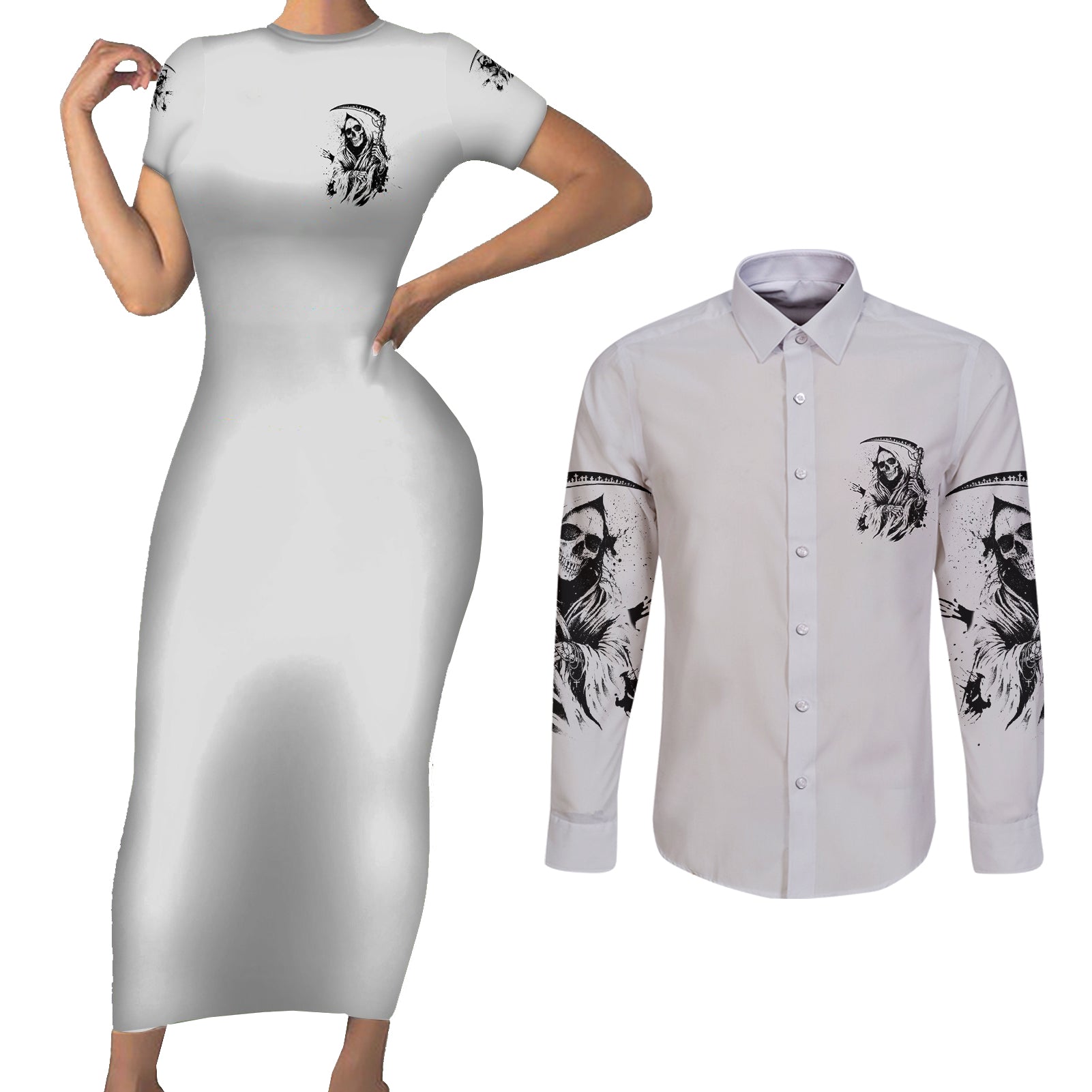 i-cant-go-to-hell-reaper-skull-couples-matching-short-sleeve-bodycon-dress-and-long-sleeve-button-shirt