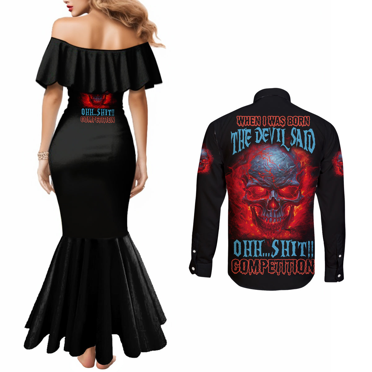 when-i-was-born-fire-skull-couples-matching-mermaid-dress-and-long-sleeve-button-shirt