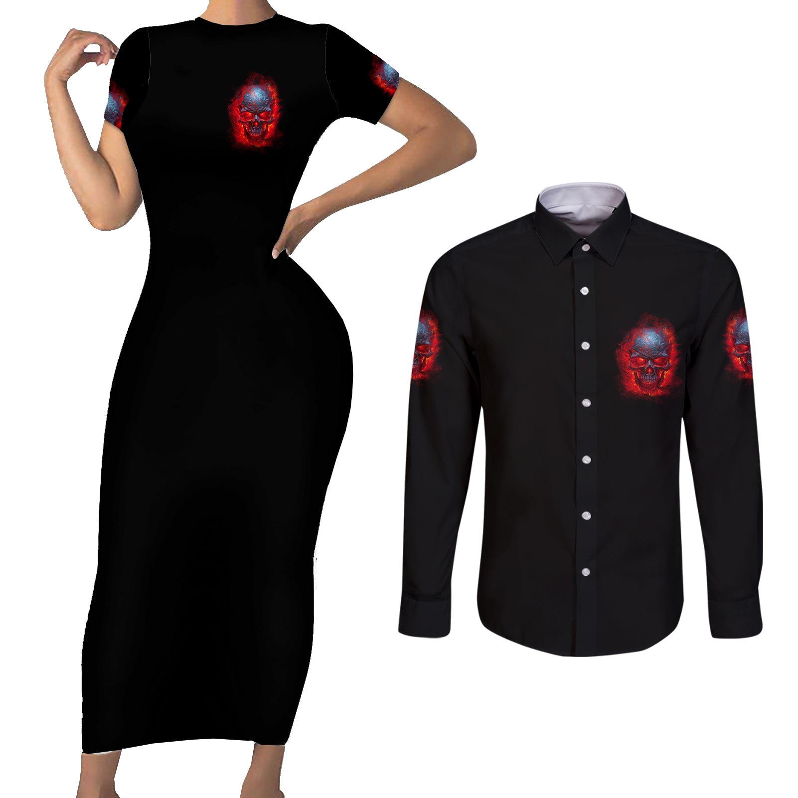 when-i-was-born-fire-skull-couples-matching-short-sleeve-bodycon-dress-and-long-sleeve-button-shirt