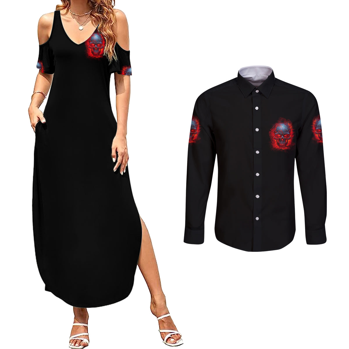 when-i-was-born-fire-skull-couples-matching-summer-maxi-dress-and-long-sleeve-button-shirt
