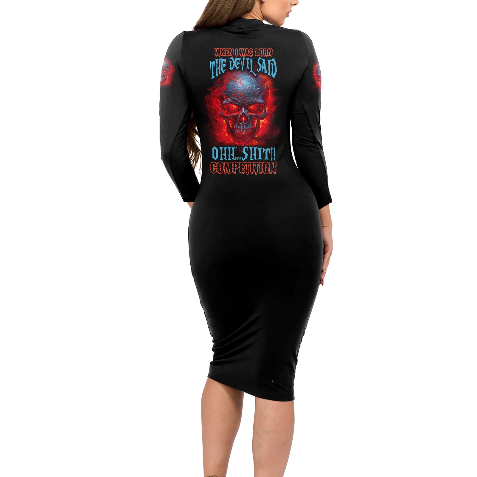 when-i-was-born-fire-skull-long-sleeve-bodycon-dress
