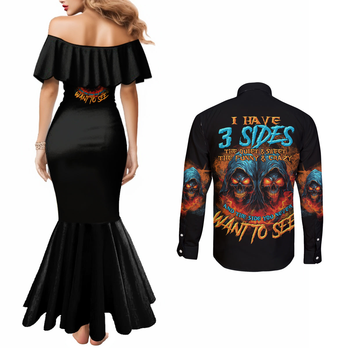 i-have-3-sides-skull-reaper-couples-matching-mermaid-dress-and-long-sleeve-button-shirt