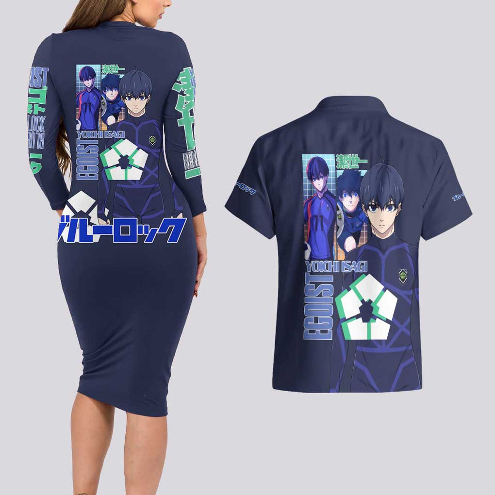 Isagi Yoichi Blue Lock Couples Matching Long Sleeve Bodycon Dress and Hawaiian Shirt Japan Anime Style