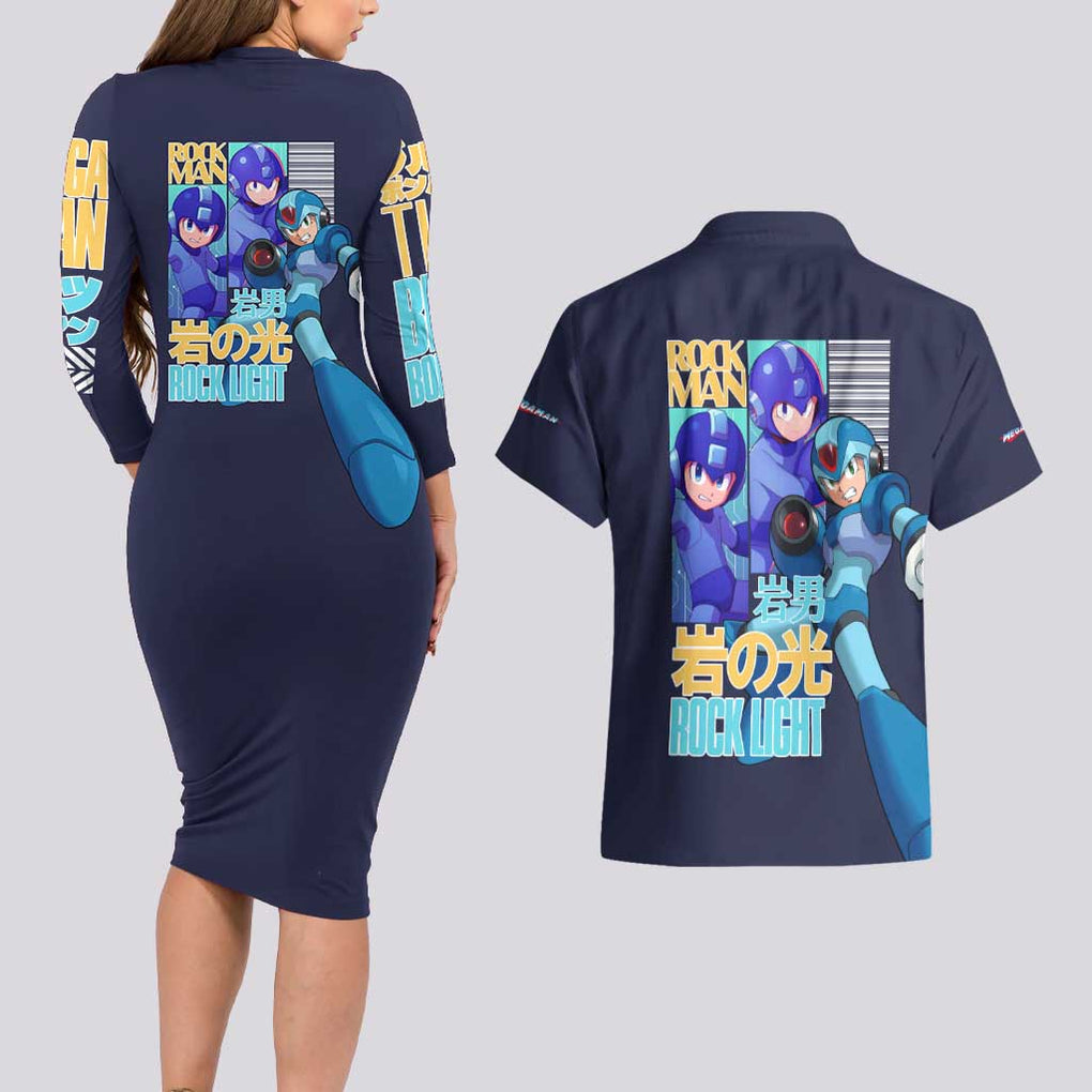 Rock Man Mega Man Couples Matching Long Sleeve Bodycon Dress and Hawaiian Shirt Japan Anime Style