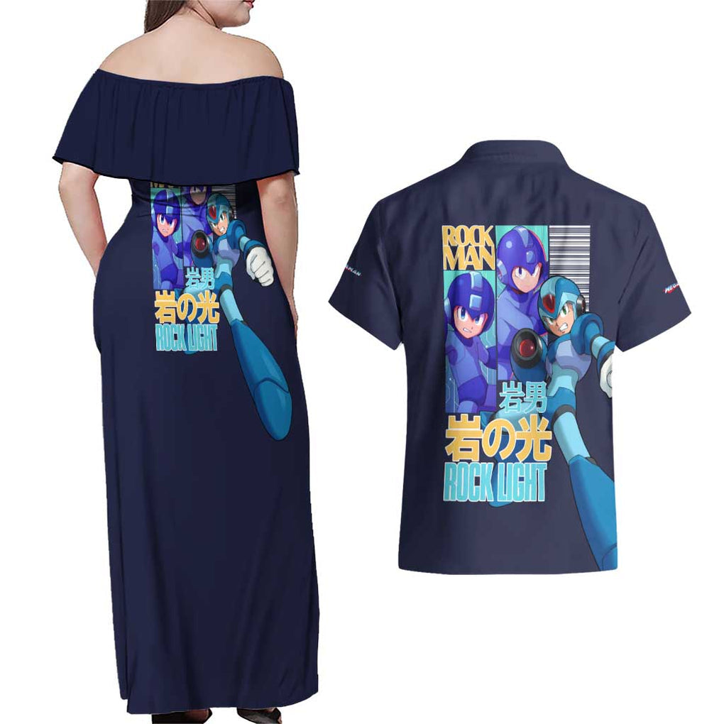 Rock Man Mega Man Couples Matching Off Shoulder Maxi Dress and Hawaiian Shirt Japan Anime Style