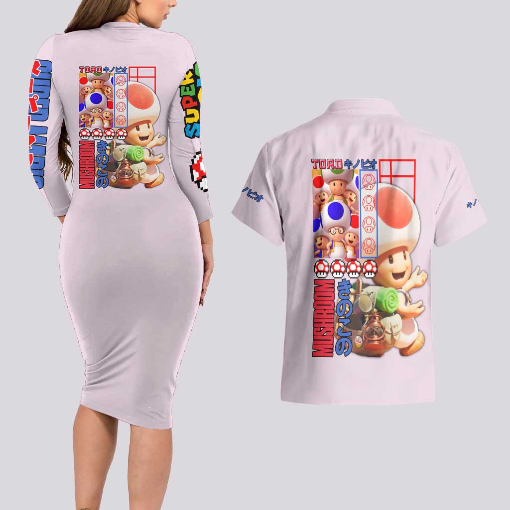 Toad Mario Bros Couples Matching Long Sleeve Bodycon Dress and Hawaiian Shirt Japan Anime Style - The Mazicc