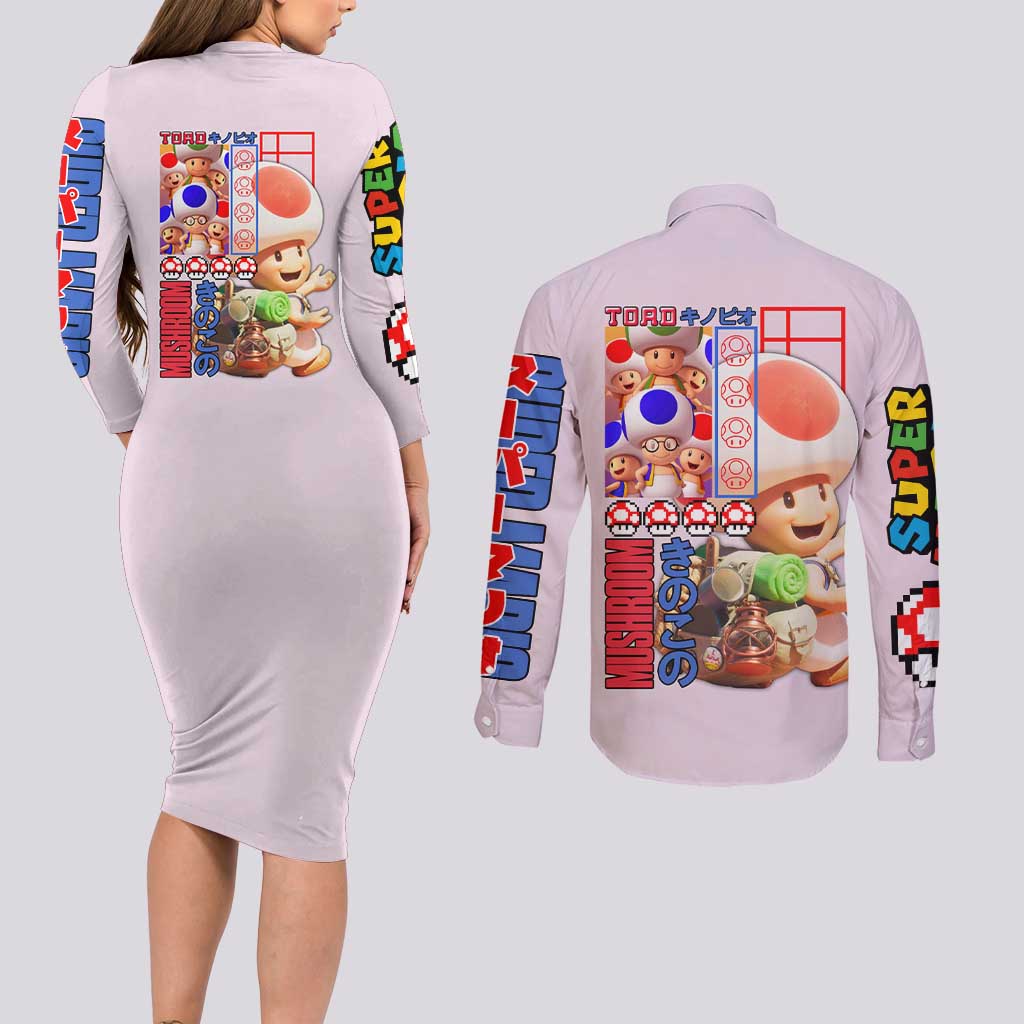 Toad Mario Bros Couples Matching Long Sleeve Bodycon Dress and Long Sleeve Button Shirt Japan Anime Style - The Mazicc