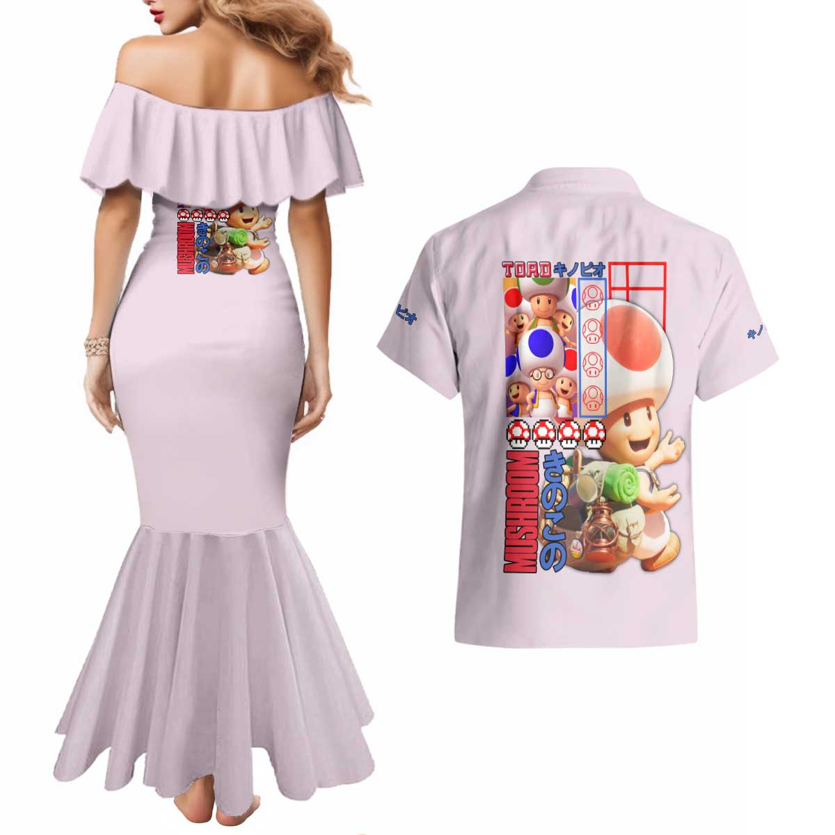 Toad Mario Bros Couples Matching Mermaid Dress and Hawaiian Shirt Japan Anime Style - The Mazicc