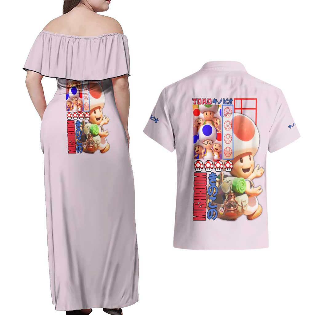 Toad Mario Bros Couples Matching Off Shoulder Maxi Dress and Hawaiian Shirt Japan Anime Style - The Mazicc