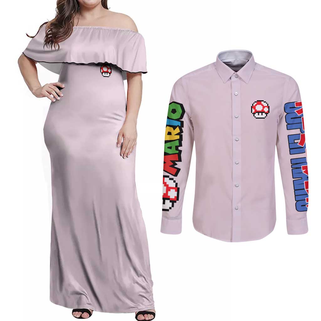 Toad Mario Bros Couples Matching Off Shoulder Maxi Dress and Long Sleeve Button Shirt Japan Anime Style - The Mazicc