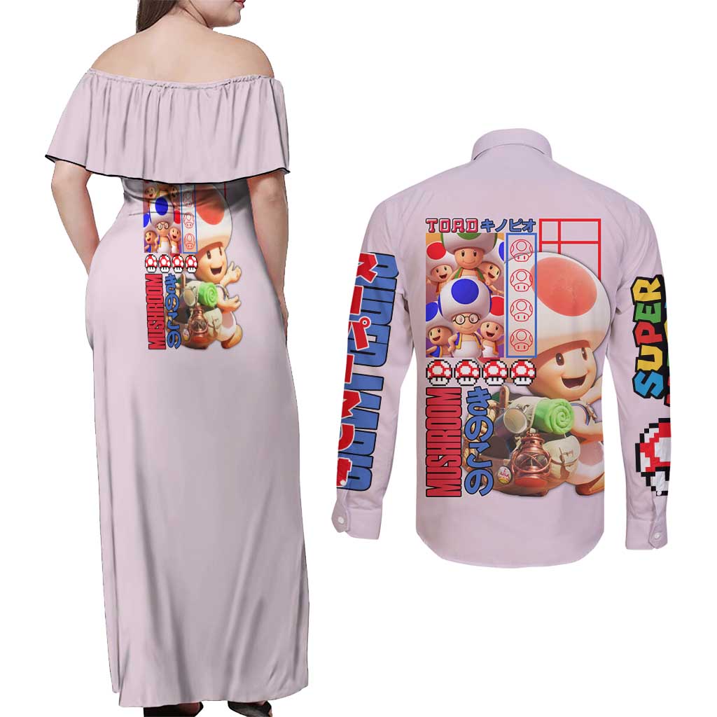 Toad Mario Bros Couples Matching Off Shoulder Maxi Dress and Long Sleeve Button Shirt Japan Anime Style - The Mazicc