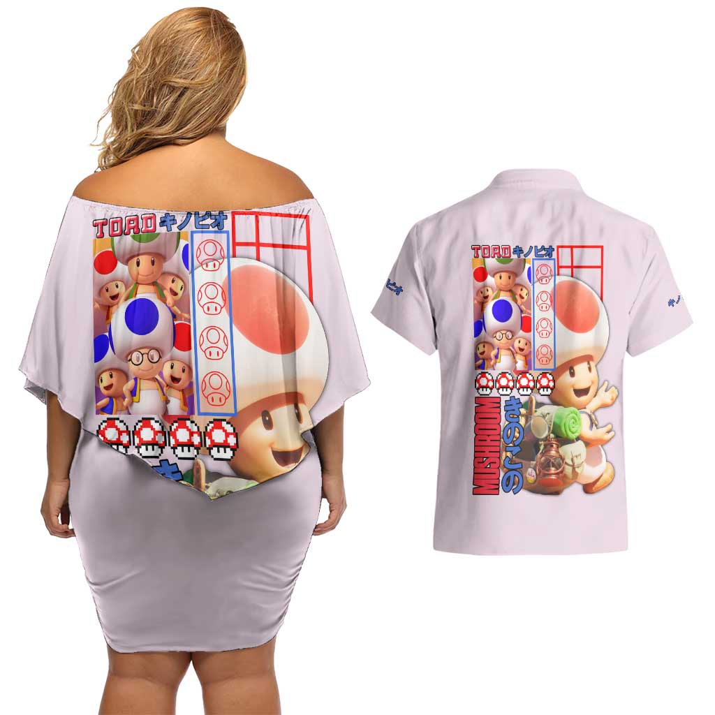 Toad Mario Bros Couples Matching Off Shoulder Short Dress and Hawaiian Shirt Japan Anime Style - The Mazicc
