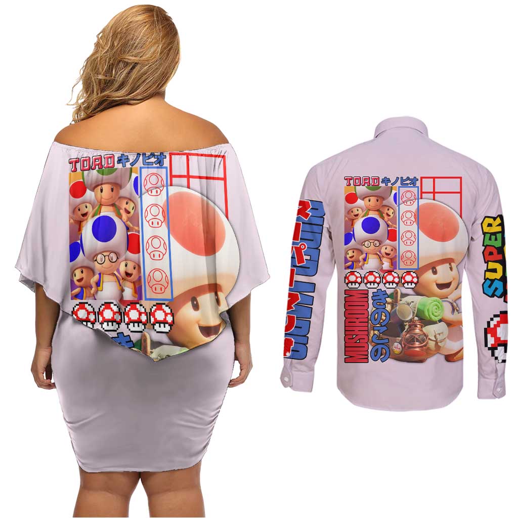Toad Mario Bros Couples Matching Off Shoulder Short Dress and Long Sleeve Button Shirt Japan Anime Style - The Mazicc