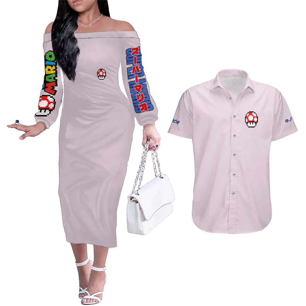 Toad Mario Bros Couples Matching Off The Shoulder Long Sleeve Dress and Hawaiian Shirt Japan Anime Style - The Mazicc