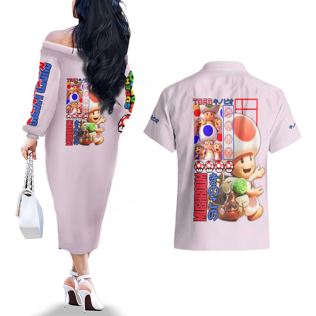 Toad Mario Bros Couples Matching Off The Shoulder Long Sleeve Dress and Hawaiian Shirt Japan Anime Style - The Mazicc