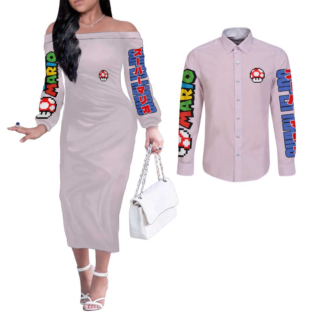 Toad Mario Bros Couples Matching Off The Shoulder Long Sleeve Dress and Long Sleeve Button Shirt Japan Anime Style - The Mazicc