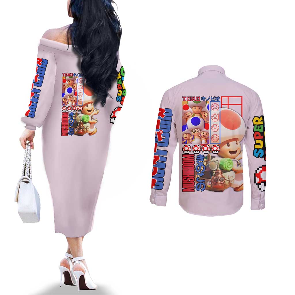 Toad Mario Bros Couples Matching Off The Shoulder Long Sleeve Dress and Long Sleeve Button Shirt Japan Anime Style - The Mazicc
