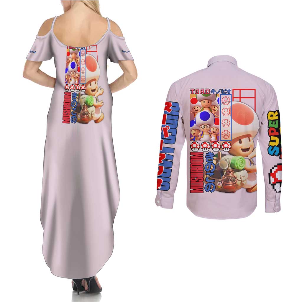 Toad Mario Bros Couples Matching Summer Maxi Dress and Long Sleeve Button Shirt Japan Anime Style - The Mazicc