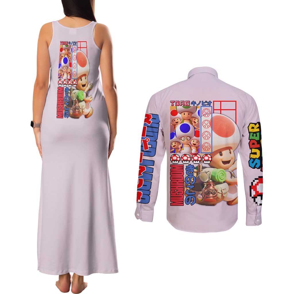 Toad Mario Bros Couples Matching Tank Maxi Dress and Long Sleeve Button Shirt Japan Anime Style - The Mazicc