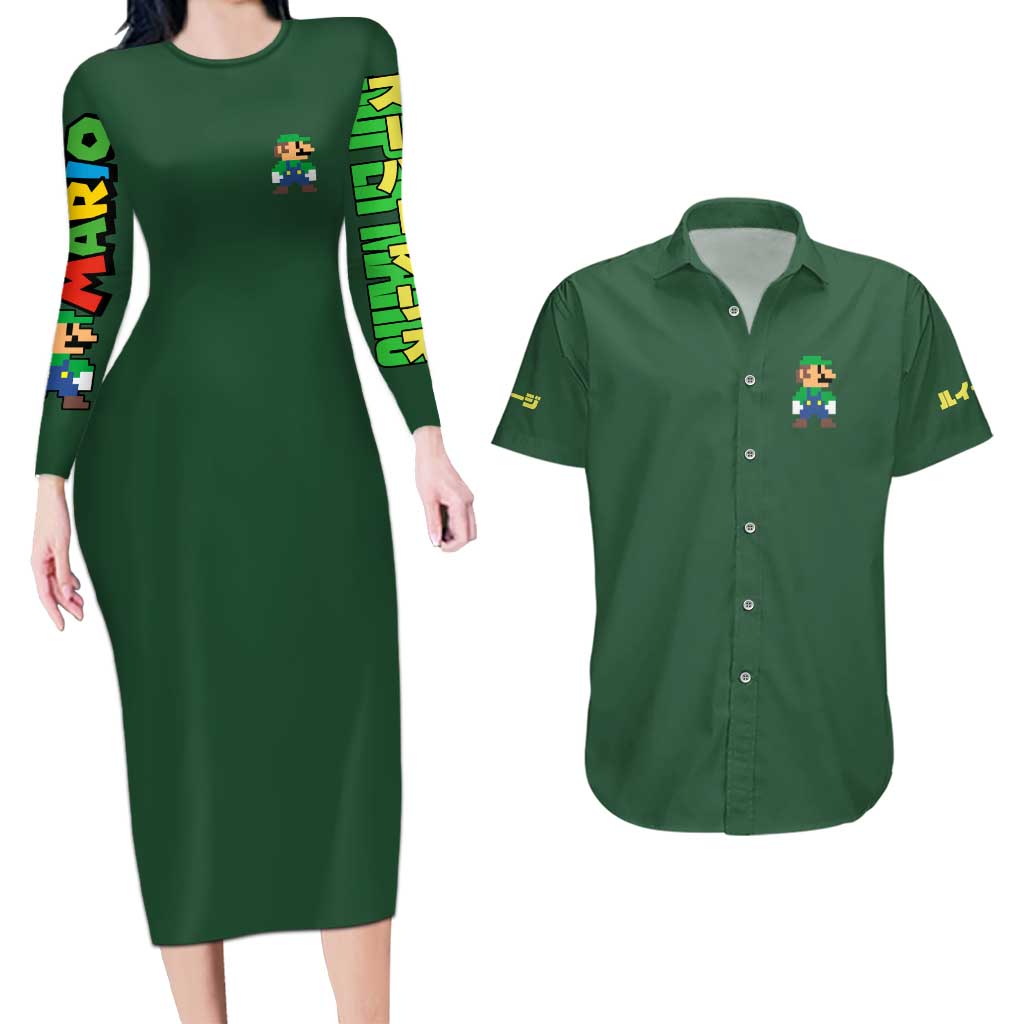 Luigi Mario Bros Couples Matching Long Sleeve Bodycon Dress and Hawaiian Shirt Japan Anime Style - The Mazicc