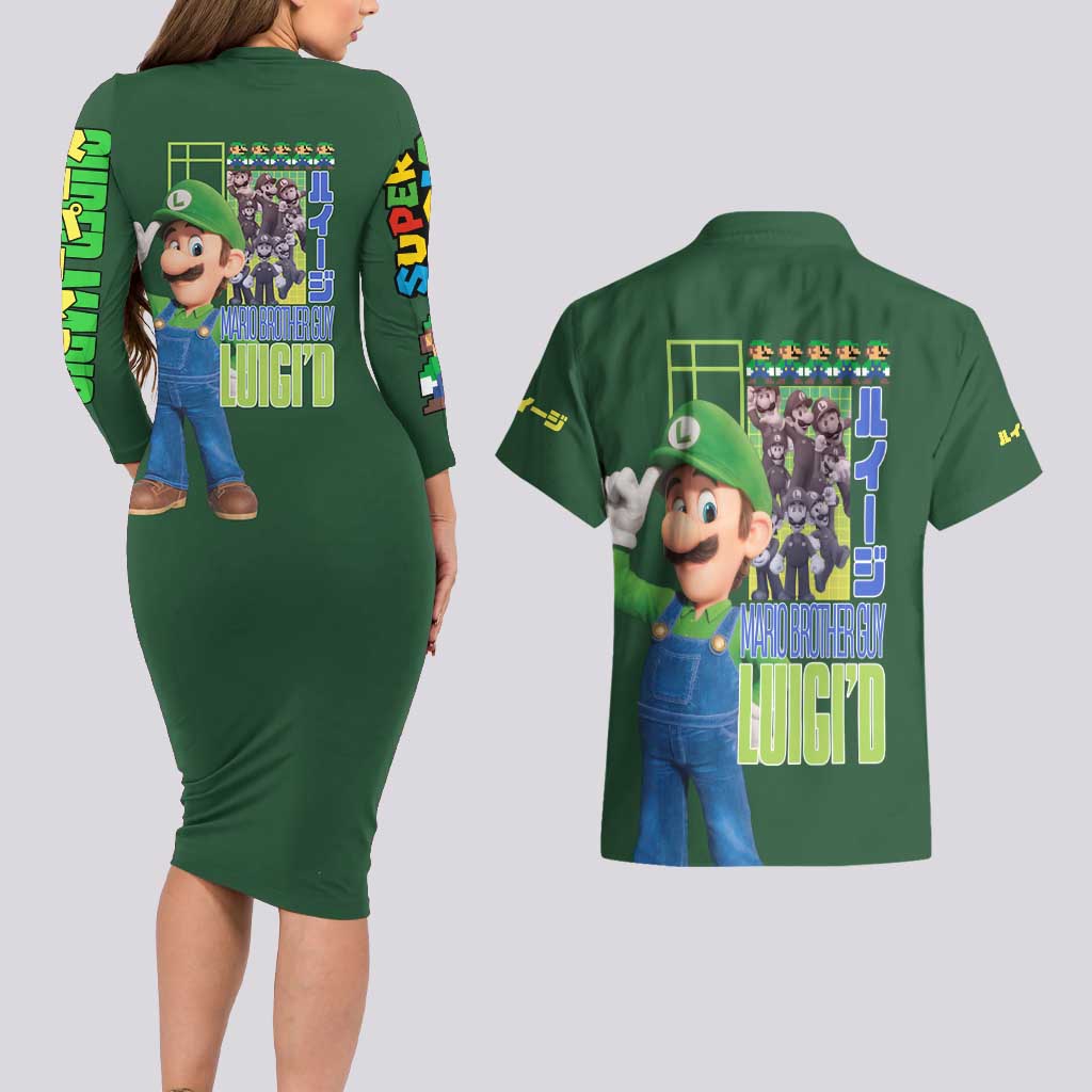 Luigi Mario Bros Couples Matching Long Sleeve Bodycon Dress and Hawaiian Shirt Japan Anime Style - The Mazicc