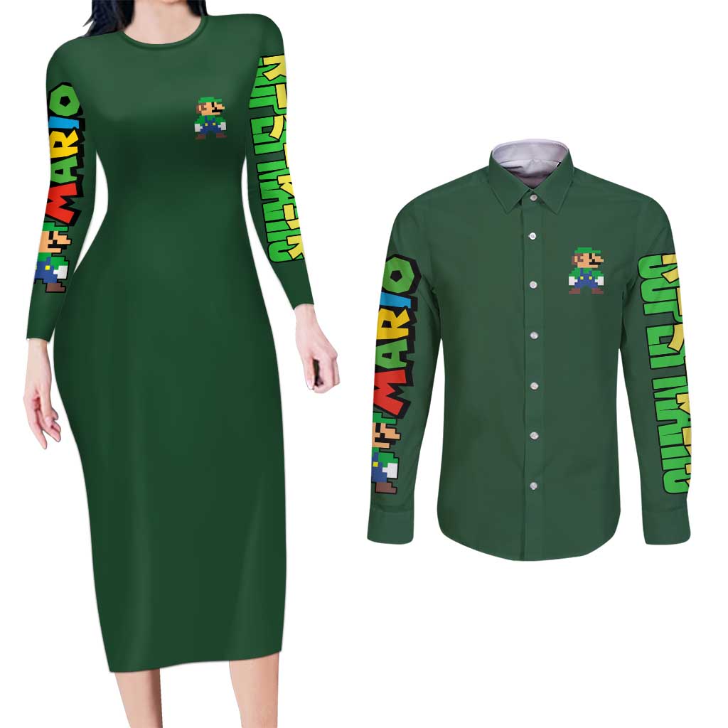 Luigi Mario Bros Couples Matching Long Sleeve Bodycon Dress and Long Sleeve Button Shirt Japan Anime Style - The Mazicc