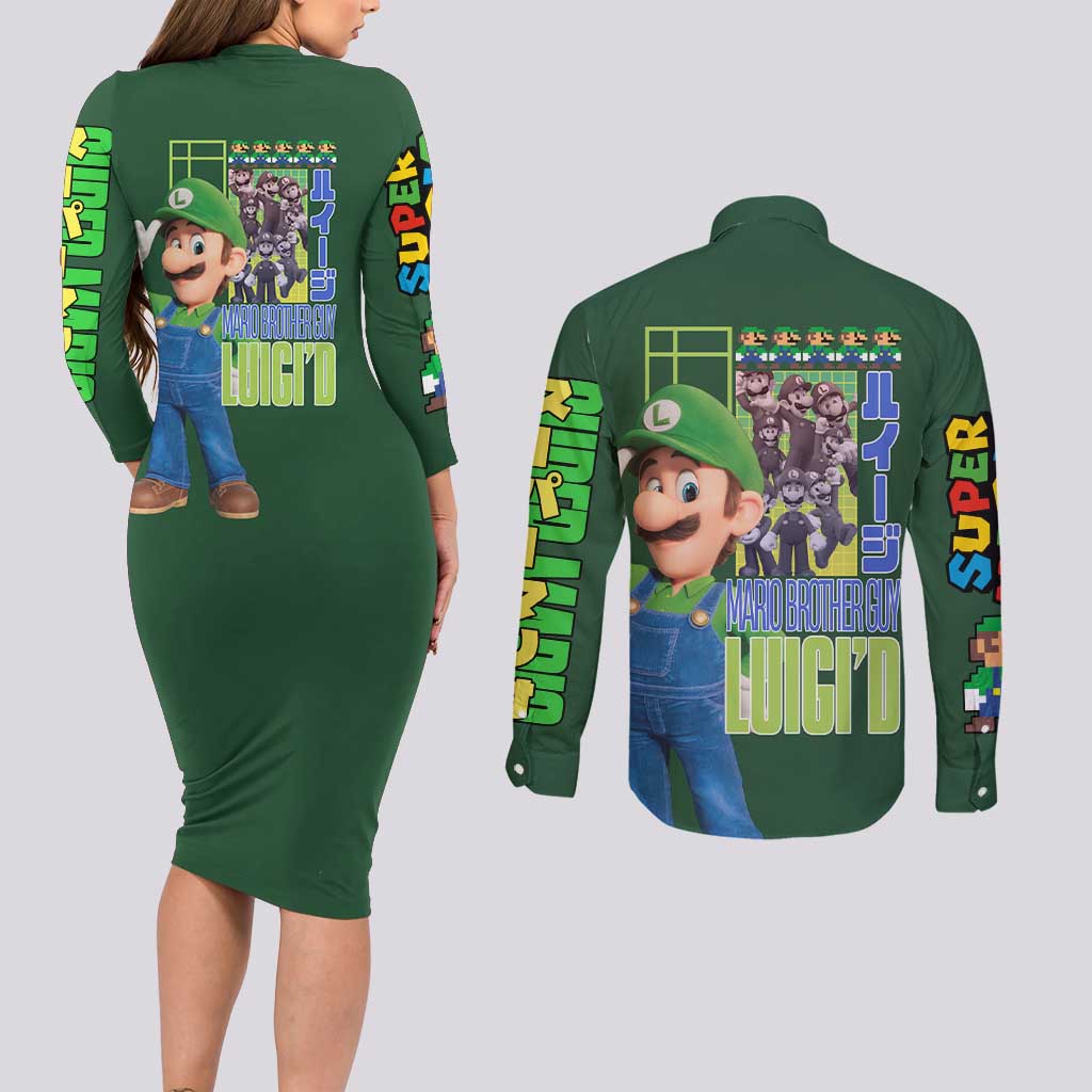 Luigi Mario Bros Couples Matching Long Sleeve Bodycon Dress and Long Sleeve Button Shirt Japan Anime Style - The Mazicc