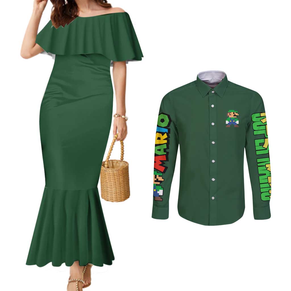 Luigi Mario Bros Couples Matching Mermaid Dress and Long Sleeve Button Shirt Japan Anime Style - The Mazicc