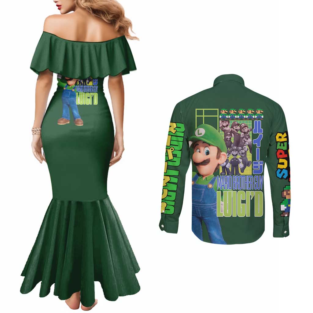 Luigi Mario Bros Couples Matching Mermaid Dress and Long Sleeve Button Shirt Japan Anime Style - The Mazicc