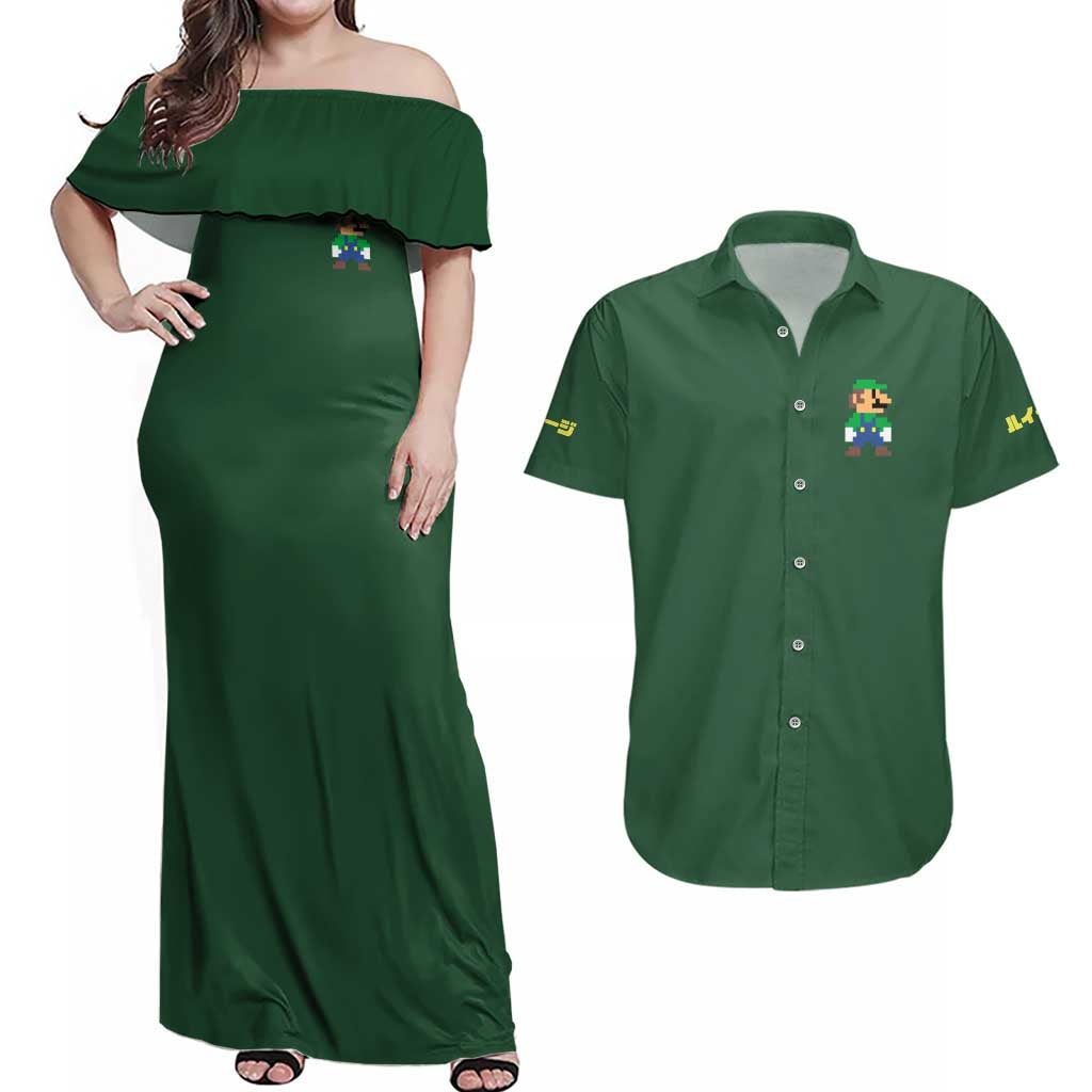 Luigi Mario Bros Couples Matching Off Shoulder Maxi Dress and Hawaiian Shirt Japan Anime Style - The Mazicc