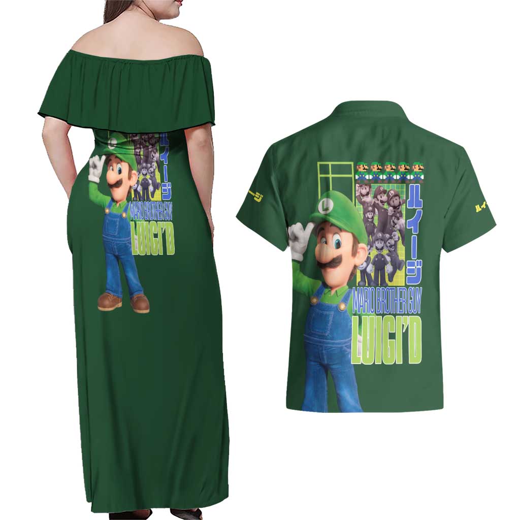 Luigi Mario Bros Couples Matching Off Shoulder Maxi Dress and Hawaiian Shirt Japan Anime Style - The Mazicc