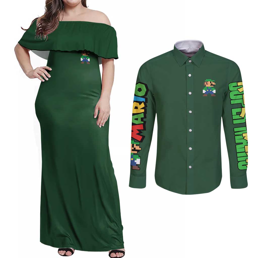 Luigi Mario Bros Couples Matching Off Shoulder Maxi Dress and Long Sleeve Button Shirt Japan Anime Style - The Mazicc
