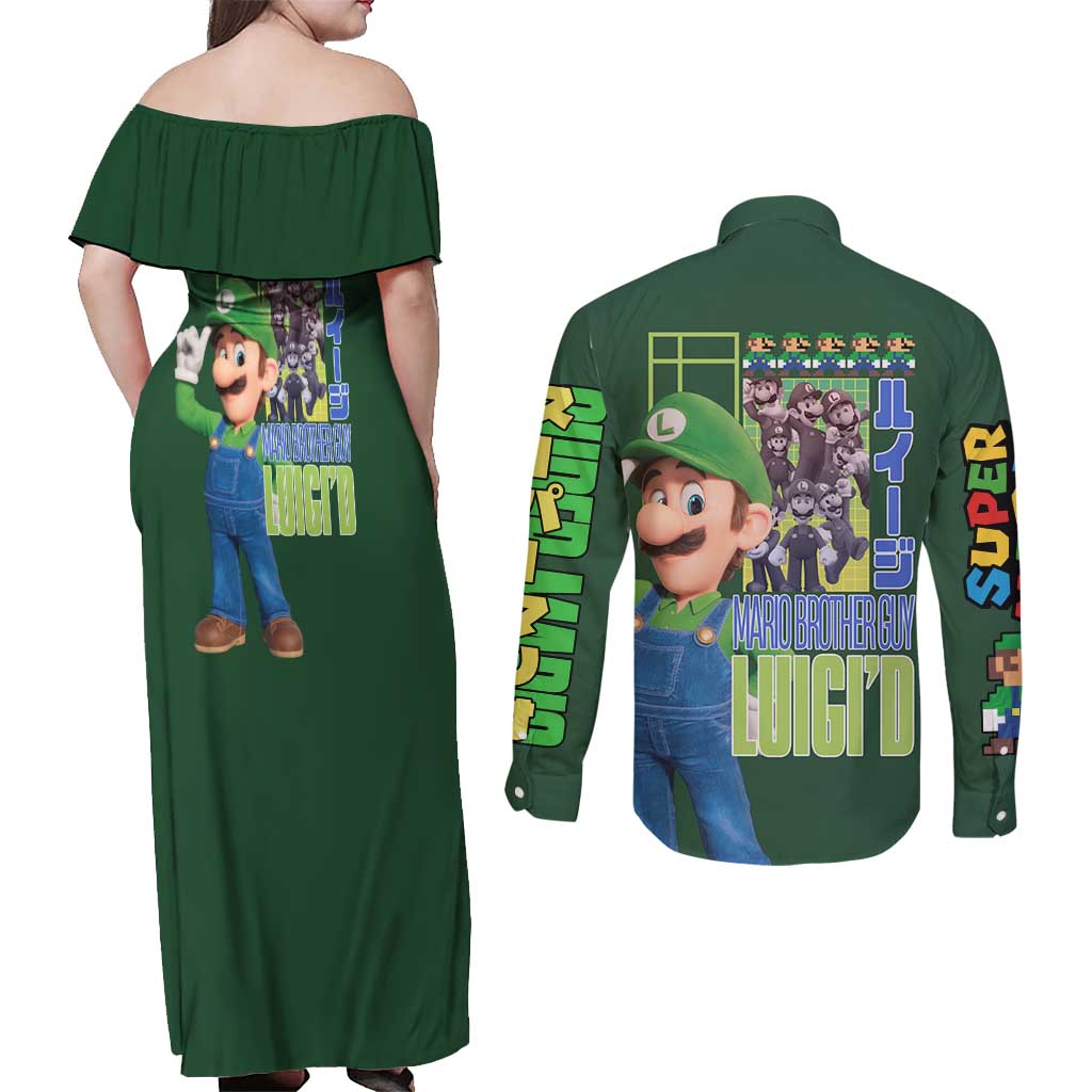 Luigi Mario Bros Couples Matching Off Shoulder Maxi Dress and Long Sleeve Button Shirt Japan Anime Style - The Mazicc