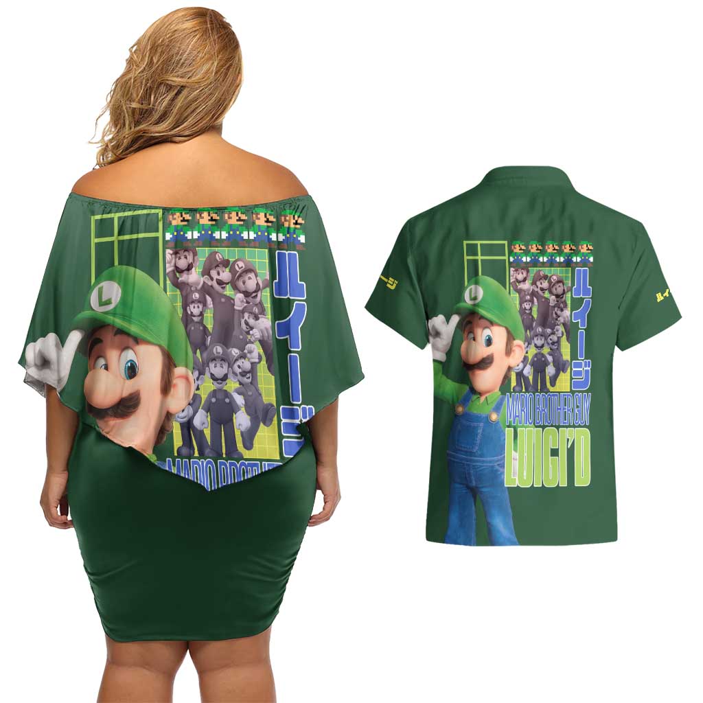 Luigi Mario Bros Couples Matching Off Shoulder Short Dress and Hawaiian Shirt Japan Anime Style - The Mazicc