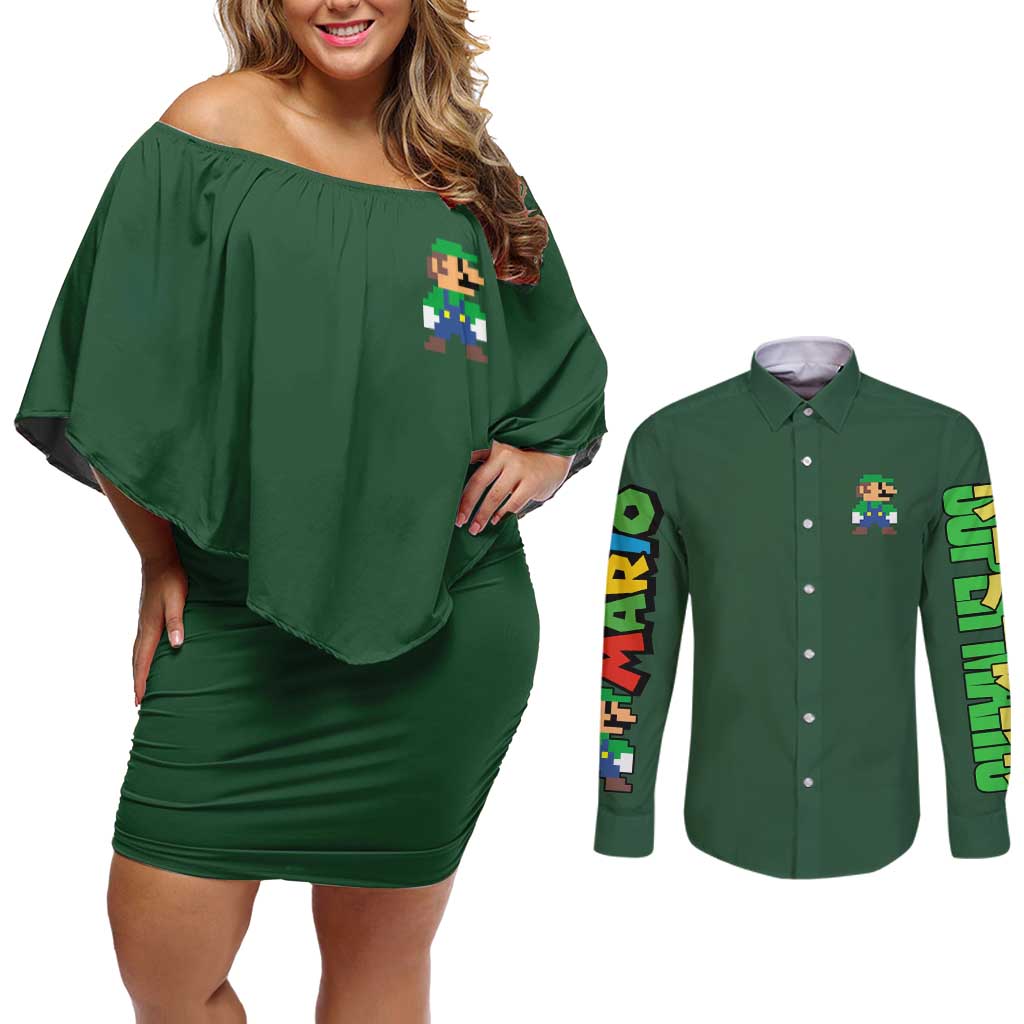 Luigi Mario Bros Couples Matching Off Shoulder Short Dress and Long Sleeve Button Shirt Japan Anime Style - The Mazicc