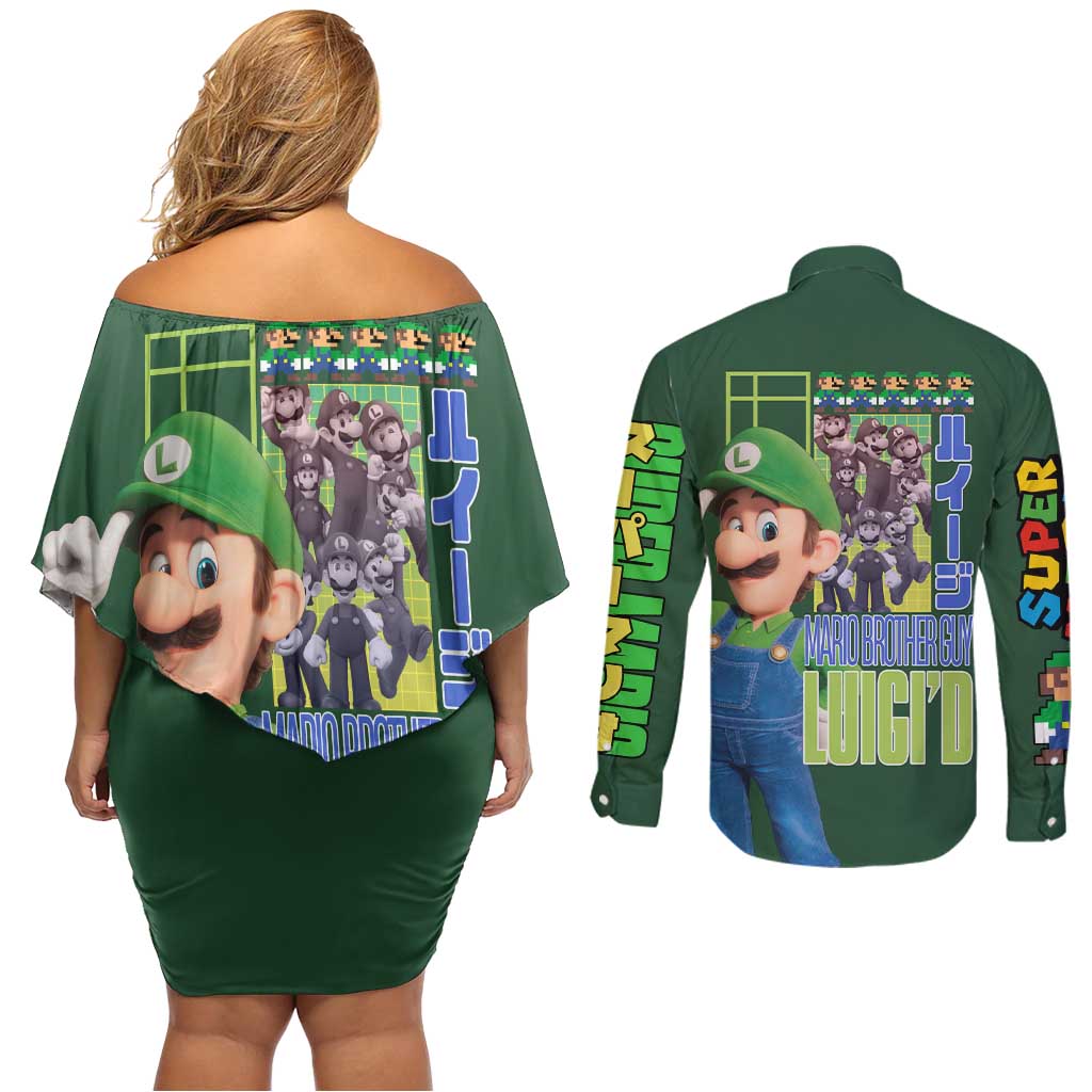 Luigi Mario Bros Couples Matching Off Shoulder Short Dress and Long Sleeve Button Shirt Japan Anime Style - The Mazicc