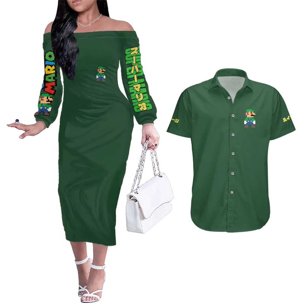 Luigi Mario Bros Couples Matching Off The Shoulder Long Sleeve Dress and Hawaiian Shirt Japan Anime Style - The Mazicc