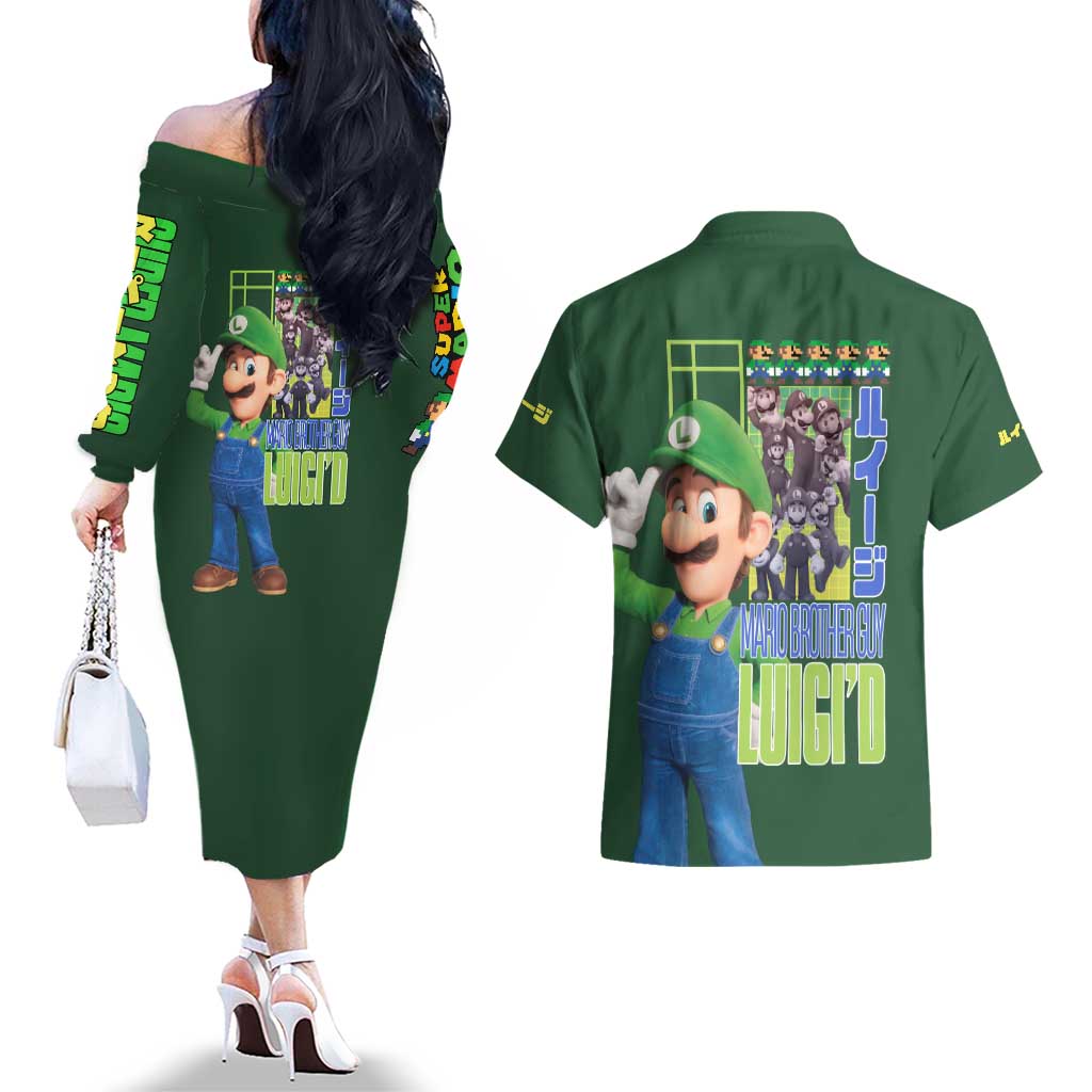 Luigi Mario Bros Couples Matching Off The Shoulder Long Sleeve Dress and Hawaiian Shirt Japan Anime Style - The Mazicc