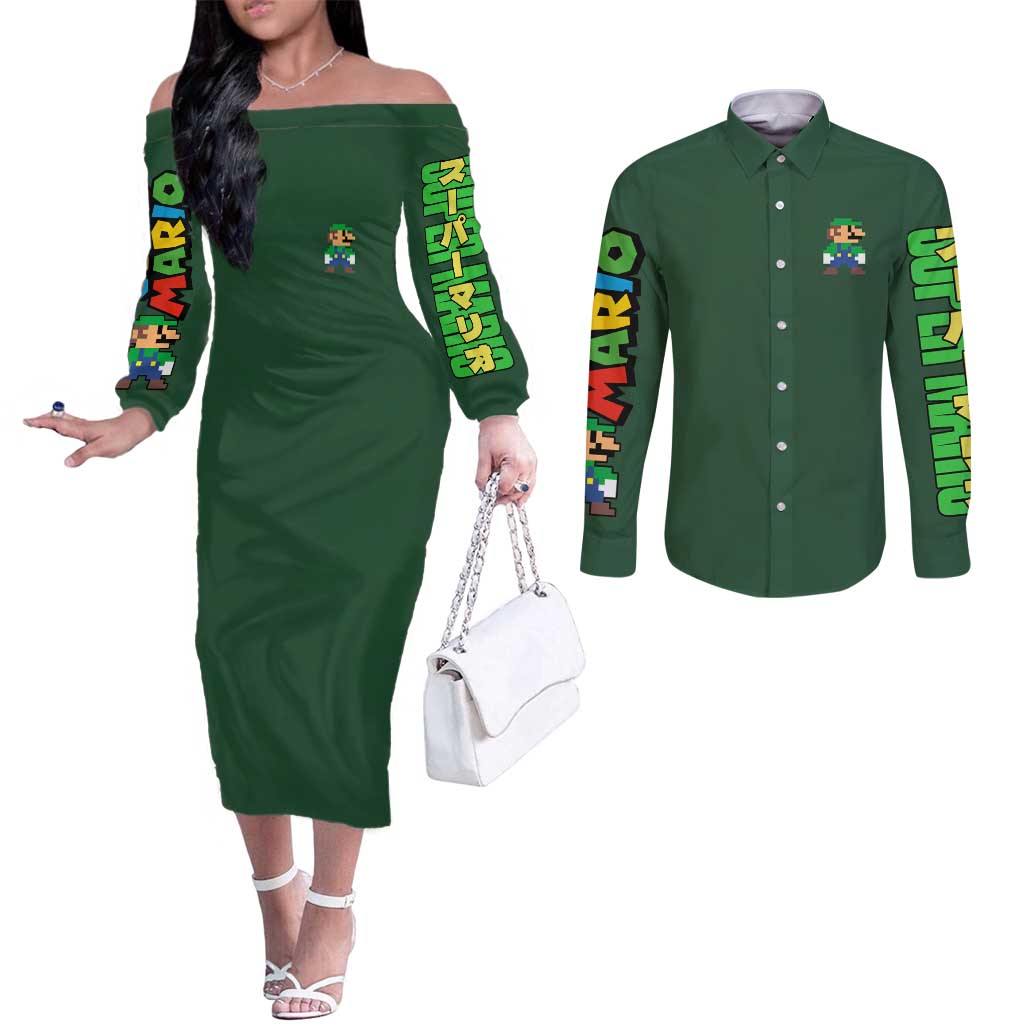 Luigi Mario Bros Couples Matching Off The Shoulder Long Sleeve Dress and Long Sleeve Button Shirt Japan Anime Style - The Mazicc