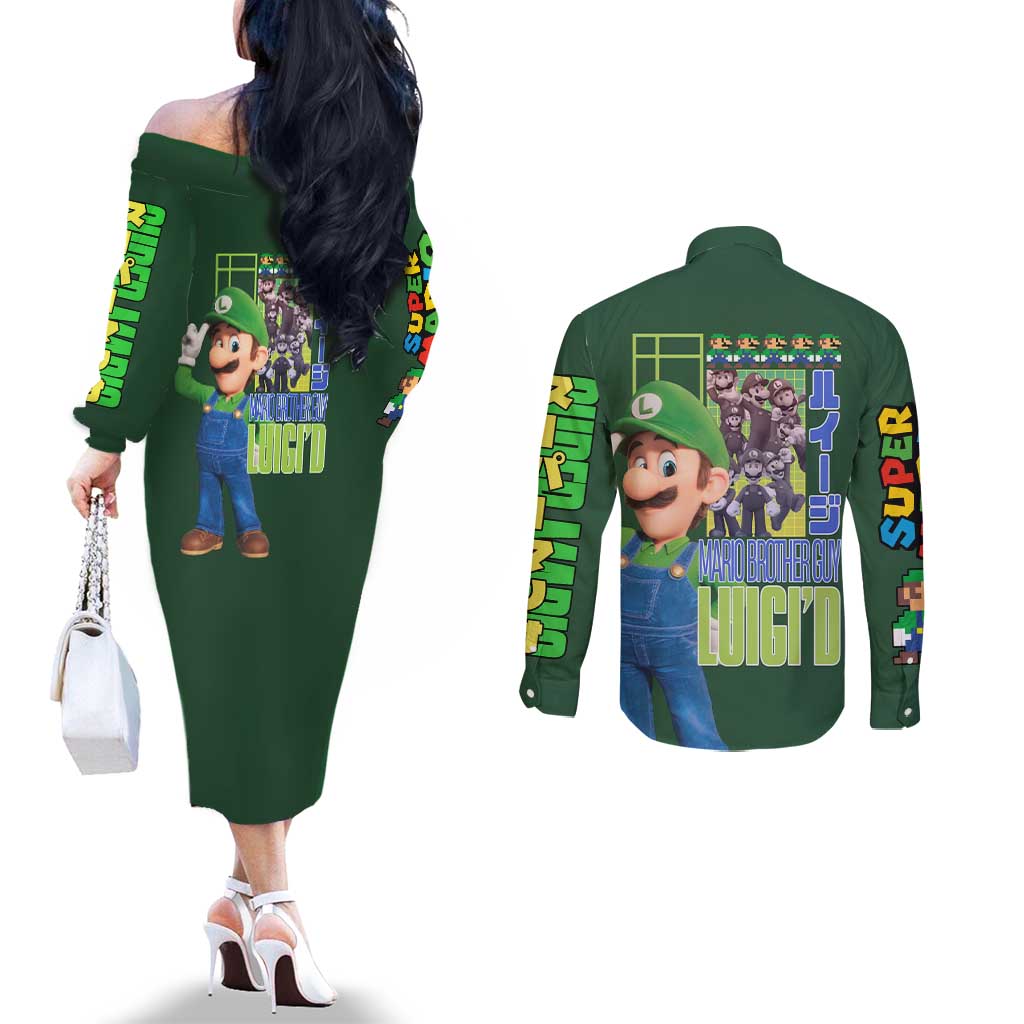 Luigi Mario Bros Couples Matching Off The Shoulder Long Sleeve Dress and Long Sleeve Button Shirt Japan Anime Style - The Mazicc